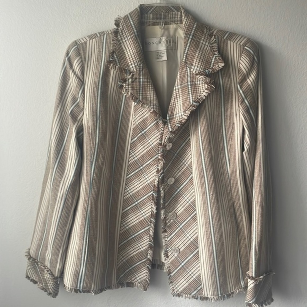 Don Castor jacket size 10 100% silk tan brown and blue pinstriped